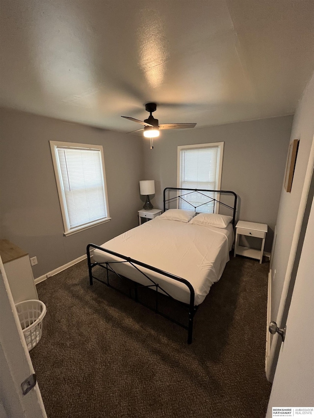 1152 N D St, Fremont, NE 68025 - bedroom with dark carpet, baseboards, and a ceiling fan