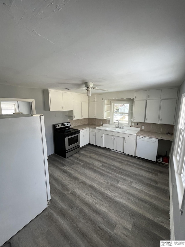 1152 N D St, Fremont, NE 68025 - kitchen with white appliances, a ceiling fan, a sink, open shelves, and dark wood finished floors