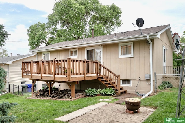 7535 S 76th St, La Vista, NE 68128 - rear view of house with a deck, a patio area, a shingled roof, and stairs