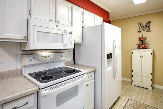 7535 S 76th St, La Vista, NE 68128 - kitchen featuring white appliances, ornamental molding, white cabinets, light countertops, and backsplash