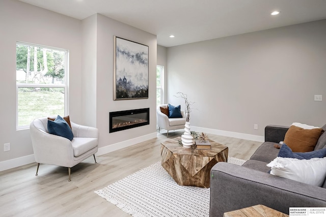 5445 S 51st St, Omaha, NE 68117 - living room featuring light wood-type flooring, a glass covered fireplace, recessed lighting, and baseboards