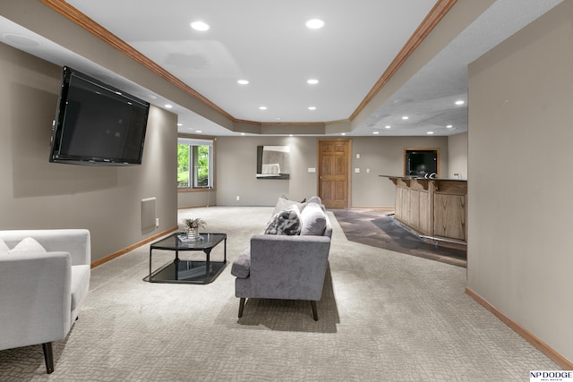 910 W Centennial Rd, Papillion, NE 68046 - living area with carpet floors, baseboards, recessed lighting, a tray ceiling, and crown molding