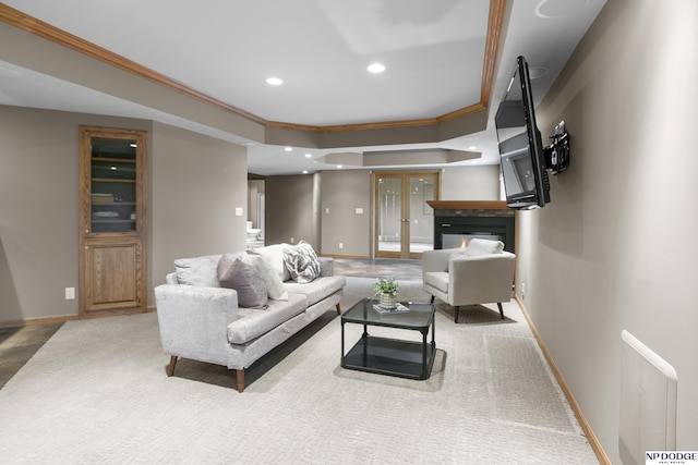910 W Centennial Rd, Papillion, NE 68046 - living room with ornamental molding, baseboards, carpet floors, recessed lighting, and a raised ceiling
