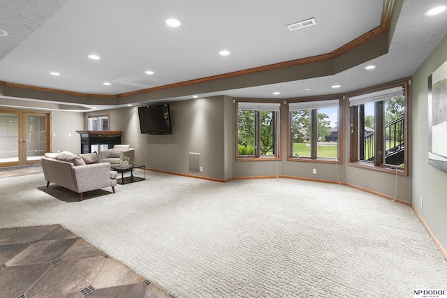 910 W Centennial Rd, Papillion, NE 68046 - unfurnished living room with crown molding, carpet floors, a raised ceiling, plenty of natural light, and recessed lighting