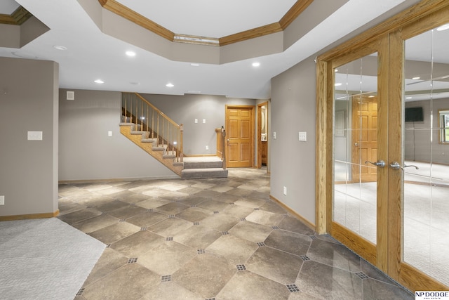 910 W Centennial Rd, Papillion, NE 68046 - entryway with crown molding, recessed lighting, baseboards, stairway, and french doors