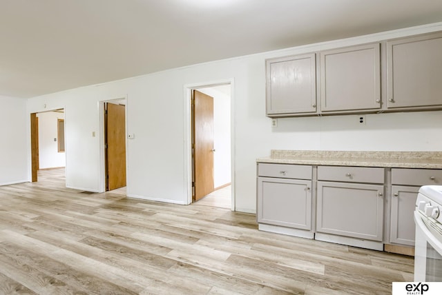 101 Station St, Shelby, IA 51570 - kitchen featuring gray cabinetry, white range, light wood-type flooring, and light countertops