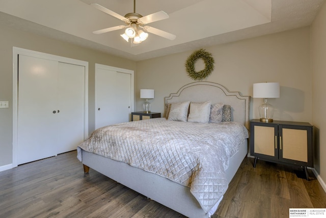 705 Ruby Rd, Papillion, NE 68133 - bedroom with wood finished floors, baseboards, a ceiling fan, and multiple closets