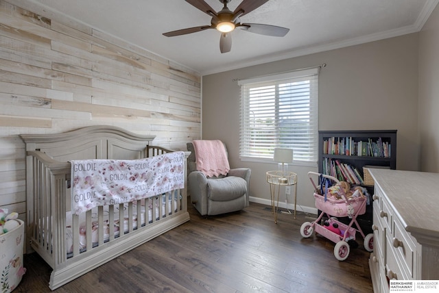 705 Ruby Rd, Papillion, NE 68133 - bedroom featuring crown molding, wood finished floors, wood walls, baseboards, and ceiling fan