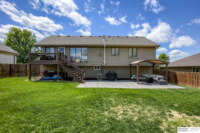 705 Ruby Rd, Papillion, NE 68133 - back of house with outdoor lounge area, stairway, a deck, a patio, and central air condition unit