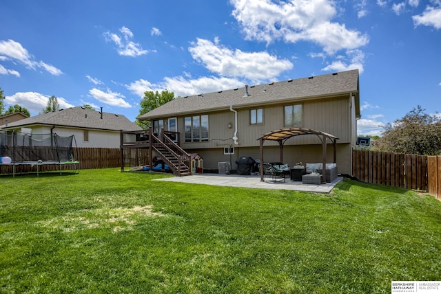 705 Ruby Rd, Papillion, NE 68133 - rear view of property with an outdoor hangout area, a trampoline, a patio, stairs, and a pergola