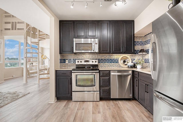 3000 Farnam St Unit 6H, Omaha, NE 68131 - kitchen featuring appliances with stainless steel finishes, light countertops, decorative backsplash, light wood-style floors, and rail lighting