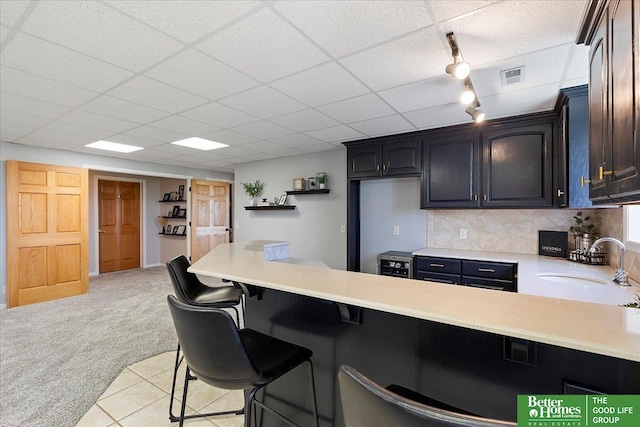 27896 Chestnut Rd, Treynor, IA 51575 - kitchen featuring a sink, a peninsula, light colored carpet, light countertops, and rail lighting
