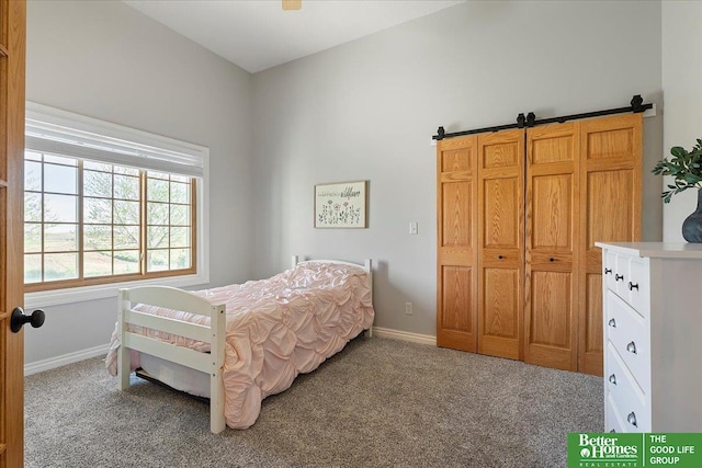 27896 Chestnut Rd, Treynor, IA 51575 - carpeted bedroom featuring baseboards and a barn door