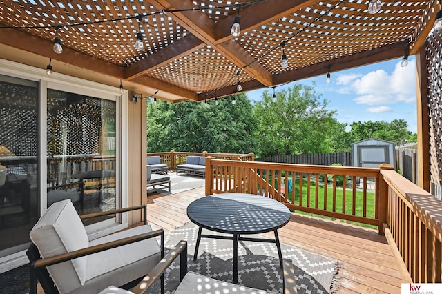 12231 Binney St, Omaha, NE 68164 - wooden terrace featuring an outdoor hangout area, a fenced backyard, and view of wooded area
