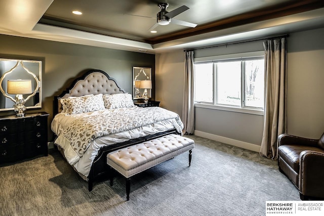 3334 S 188th Ave, Omaha, NE 68130 - carpeted bedroom with a tray ceiling, recessed lighting, baseboards, and ceiling fan
