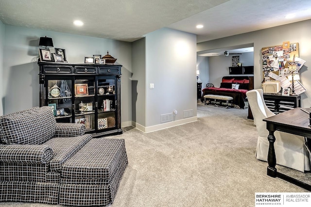 3334 S 188th Ave, Omaha, NE 68130 - living area featuring carpet floors, recessed lighting, baseboards, a ceiling fan, and a textured ceiling