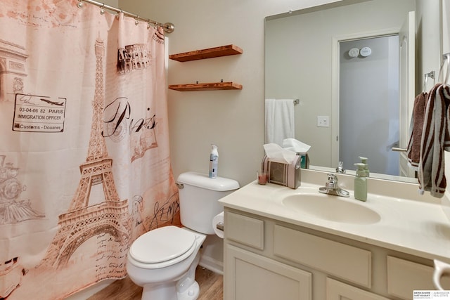 6704 N 149th Ave, Omaha, NE 68116 - bathroom featuring toilet, vanity, wood finished floors, and a shower with shower curtain