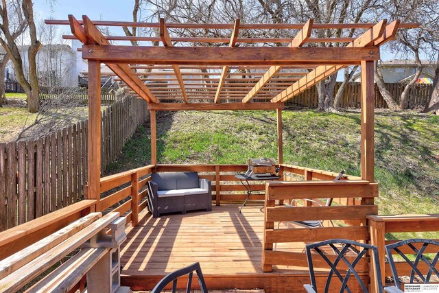 6704 N 149th Ave, Omaha, NE 68116 - wooden deck featuring a fenced backyard, a pergola, and grilling area