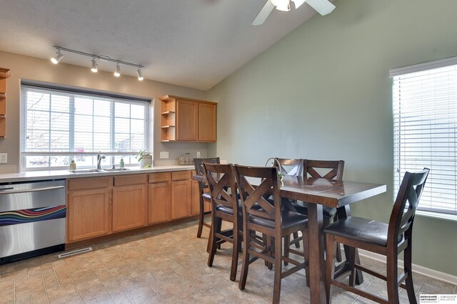6704 N 149th Ave, Omaha, NE 68116 - dining space with ceiling fan, light stone finish flooring, and vaulted ceiling