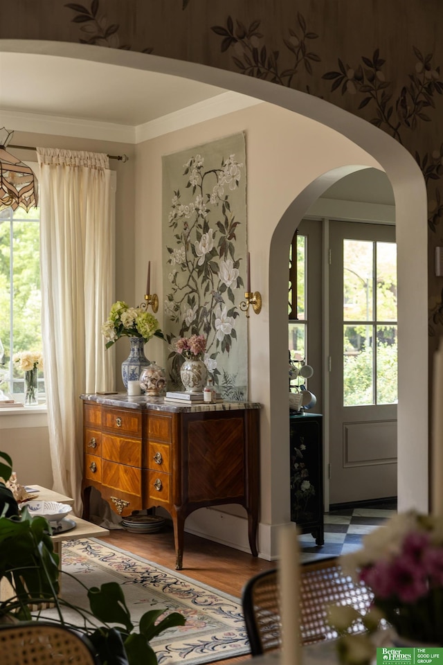 5147 Davenport St, Omaha, NE 68132 - foyer with arched walkways and wood finished floors