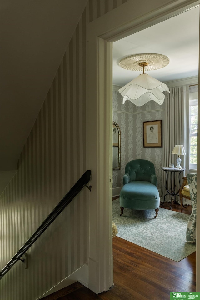 5147 Davenport St, Omaha, NE 68132 - stairs featuring wallpapered walls and wood finished floors