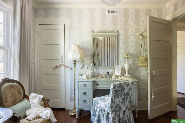 5147 Davenport St, Omaha, NE 68132 - bathroom with wallpapered walls, wood finished floors, ornamental molding, and vanity