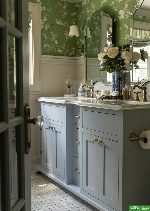 5147 Davenport St, Omaha, NE 68132 - bathroom featuring wainscoting, wallpapered walls, and tile patterned floors