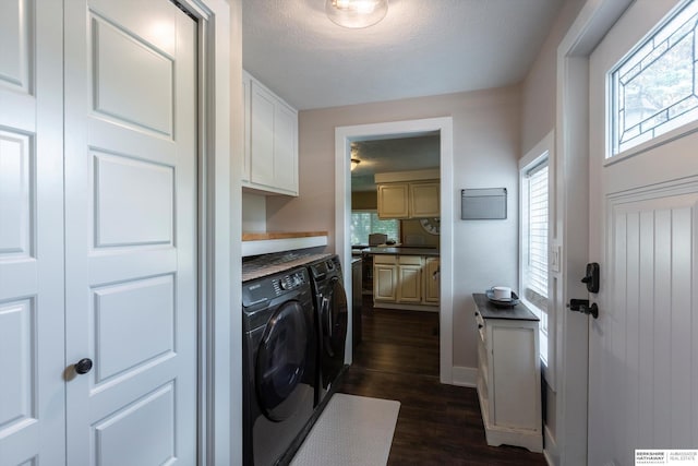 605 2nd St, Waterloo, NE 68069 - washroom featuring washer and clothes dryer, cabinet space, dark wood finished floors, and baseboards