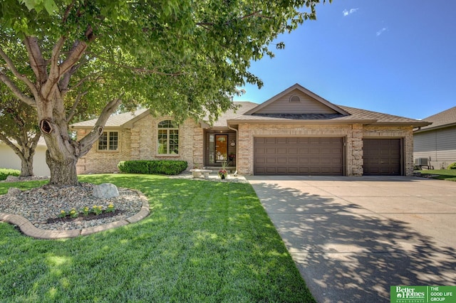 17139 S St, Omaha, NE 68135 - ranch-style home featuring a garage, driveway, brick siding, a front yard, and a shingled roof