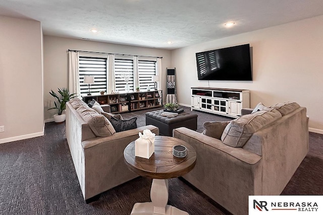 11473 S 189th St, Gretna, NE 68028 - living room featuring baseboards, carpet flooring, recessed lighting, and a textured ceiling