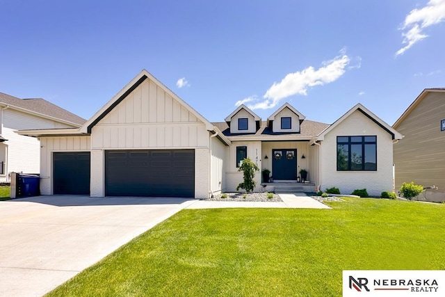 11473 S 189th St, Gretna, NE 68028 - modern farmhouse with board and batten siding, an attached garage, a front lawn, and driveway