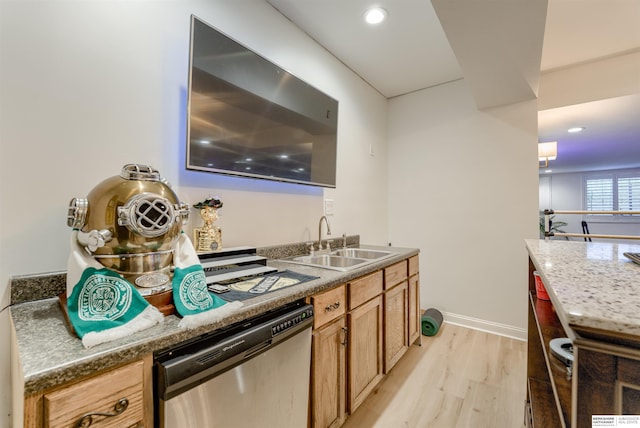 3814 S 186th Ave, Omaha, NE 68130 - kitchen with stainless steel dishwasher, a sink, light wood-style flooring, baseboards, and recessed lighting