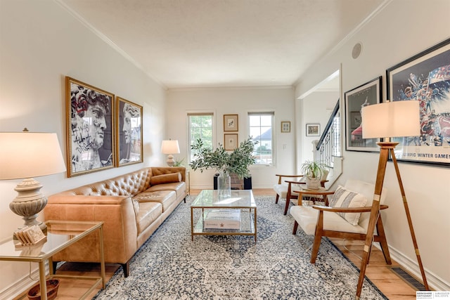3814 S 186th Ave, Omaha, NE 68130 - living area with wood finished floors, ornamental molding, stairs, and baseboards