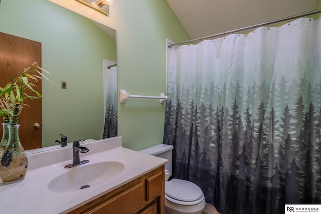9910 Ohio St, Omaha, NE 68134 - bathroom with vanity, lofted ceiling, toilet, and a shower with shower curtain