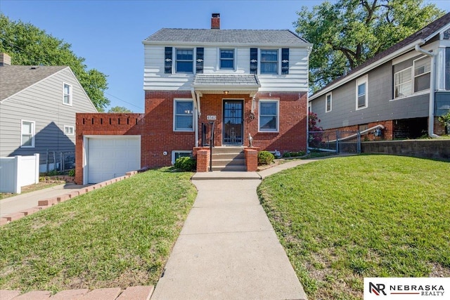 4542 Charles St, Omaha, NE 68132 - view of front facade featuring brick siding, a chimney, and a garage