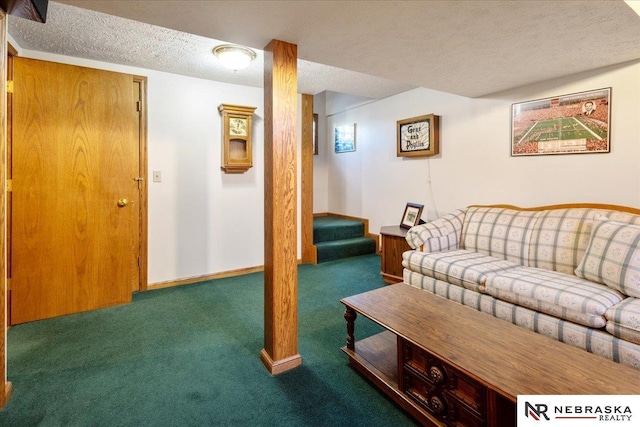 4542 Charles St, Omaha, NE 68132 - carpeted living area featuring a textured ceiling, baseboards, and stairs