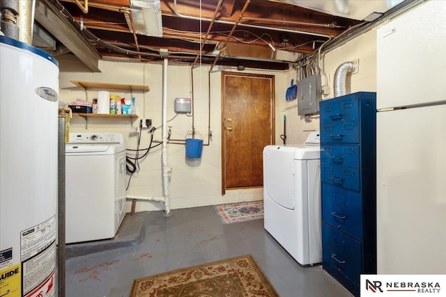 4542 Charles St, Omaha, NE 68132 - unfinished below grade area featuring gas water heater, electric panel, concrete block wall, freestanding refrigerator, and washer and clothes dryer