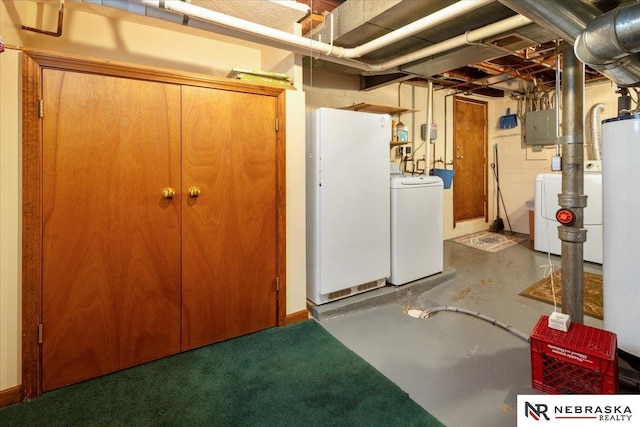 4542 Charles St, Omaha, NE 68132 - unfinished below grade area featuring washing machine and dryer, electric panel, and freestanding refrigerator