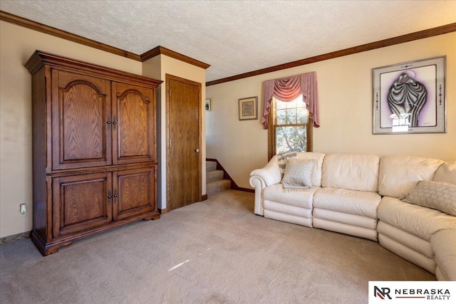 4542 Charles St, Omaha, NE 68132 - living area with light carpet, stairway, ornamental molding, a textured ceiling, and baseboards
