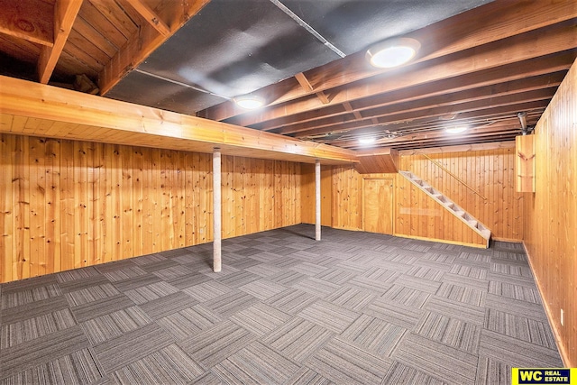 1341 Wilbur St, Blair, NE 68008 - finished below grade area featuring wooden walls, carpet floors, and stairway
