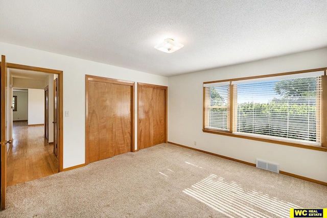 1341 Wilbur St, Blair, NE 68008 - unfurnished bedroom with multiple closets, light colored carpet, baseboards, and a textured ceiling
