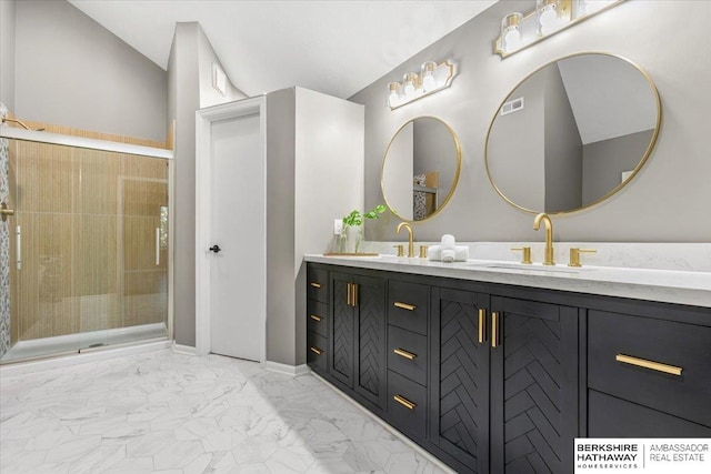 16324 Chicago St, Omaha, NE 68118 - bathroom with double vanity, marble finish floors, and tiled shower
