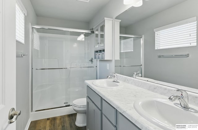 7164 N 167th St, Bennington, NE 68007 - bathroom featuring a shower stall, toilet, wood finished floors, and double vanity