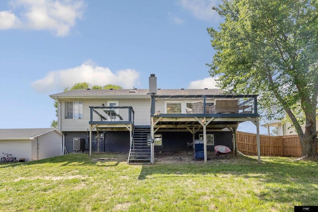 2706 Overlook Cir, Plattsmouth, NE 68048 - rear view of property with a wooden deck, stairway, central AC unit, and a chimney