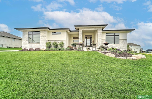 12369 Cooper St, Papillion, NE 68046 - prairie-style house featuring stone siding, a front lawn, a porch, and stucco siding
