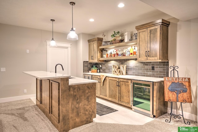 12369 Cooper St, Papillion, NE 68046 - indoor wet bar featuring beverage cooler, tasteful backsplash, baseboards, recessed lighting, and pendant lighting