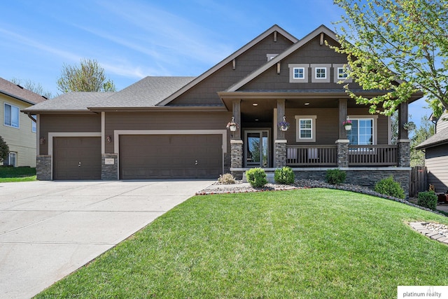 19349 I St, Omaha, NE 68135 - craftsman inspired home featuring an attached garage, a front lawn, concrete driveway, and stone siding