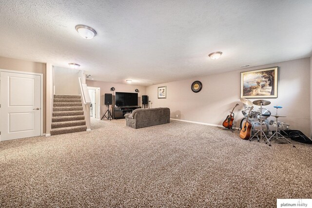 19349 I St, Omaha, NE 68135 - living room featuring stairway, carpet floors, baseboards, and a textured ceiling