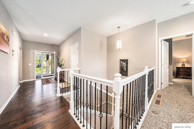 19349 I St, Omaha, NE 68135 - corridor with an upstairs landing, baseboards, hardwood / wood-style flooring, and recessed lighting