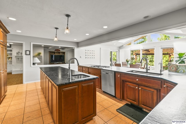 9826 Harney Pkwy N, Omaha, NE 68114 - kitchen featuring a sink, appliances with stainless steel finishes, light tile patterned flooring, lofted ceiling, and recessed lighting